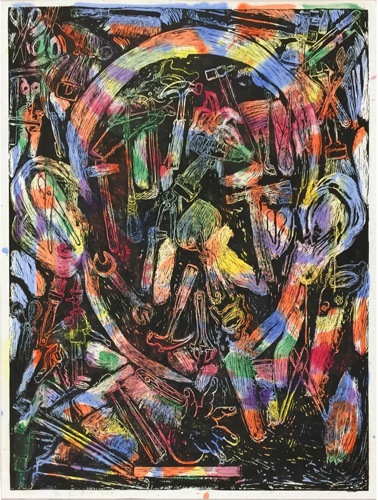 Jim Dine Abstract Print with Tools in Rainbow Colors