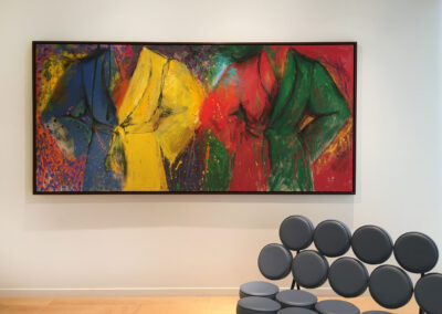 Installation view of Jim Dine brightly colored two-robe painting on canvas with modern sofa beneath the painting
