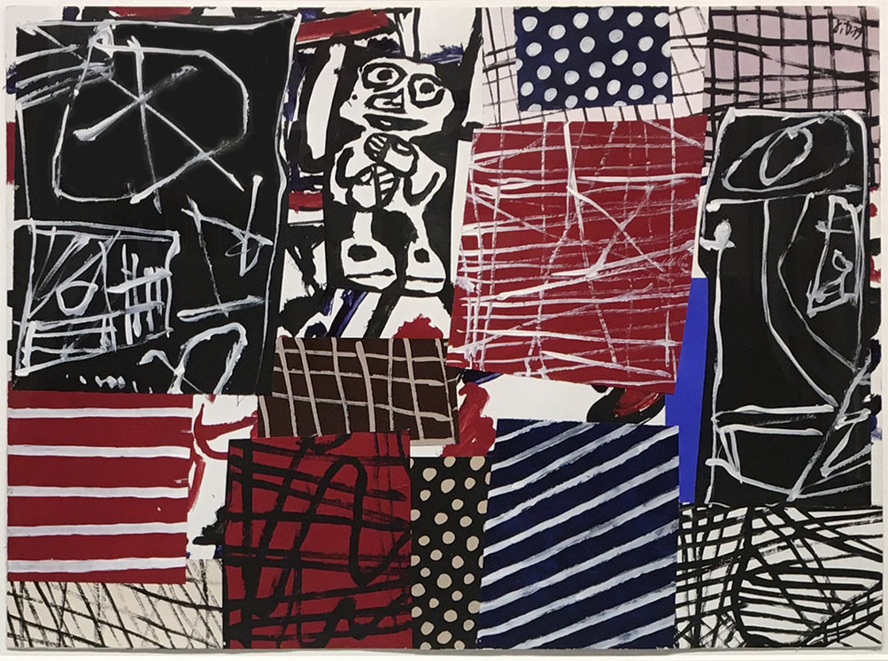 Jean Dubuffet collage with figure surrounded by red, blue, black
