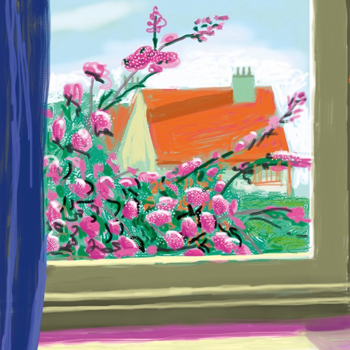 David Hockney iPad Drawing Thumbnail with colorful flowers and roof