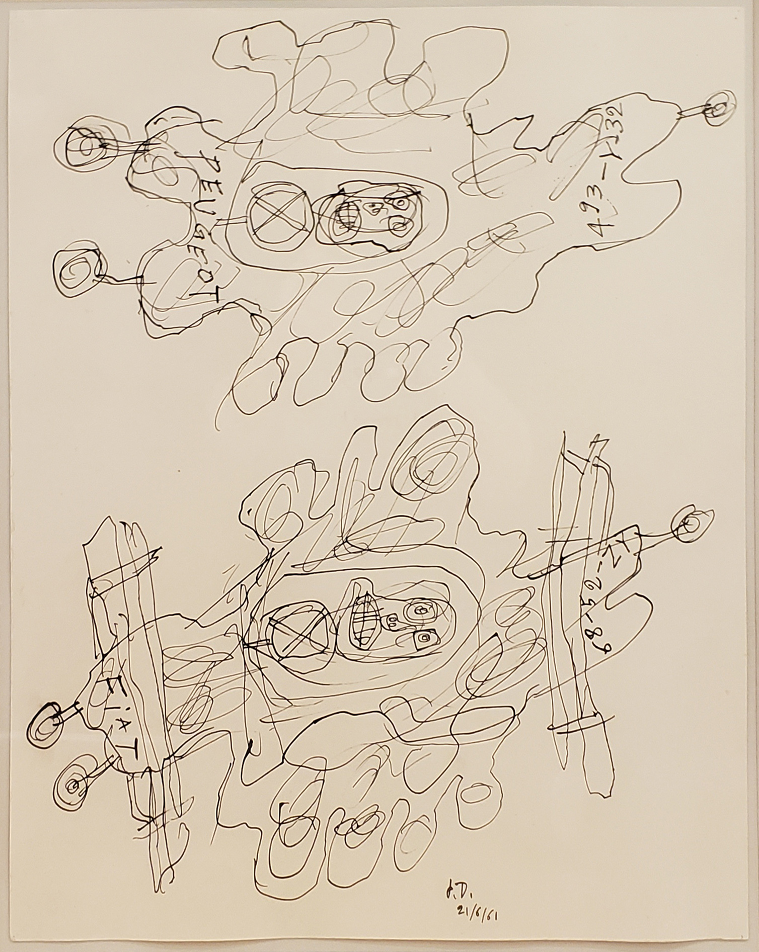 Jean Dubuffet line drawing depicting two flying automobiles