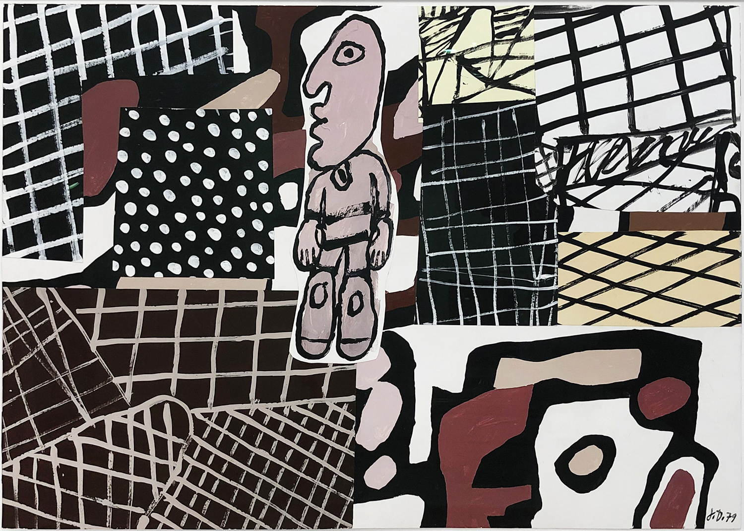 Jean Dubuffet collage with man in center and pink, brown tones