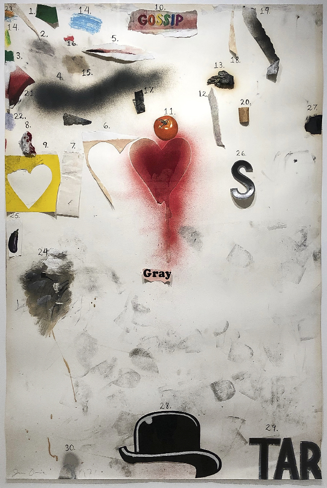Jim Dine work on paper from early 70s with collage and red heart
