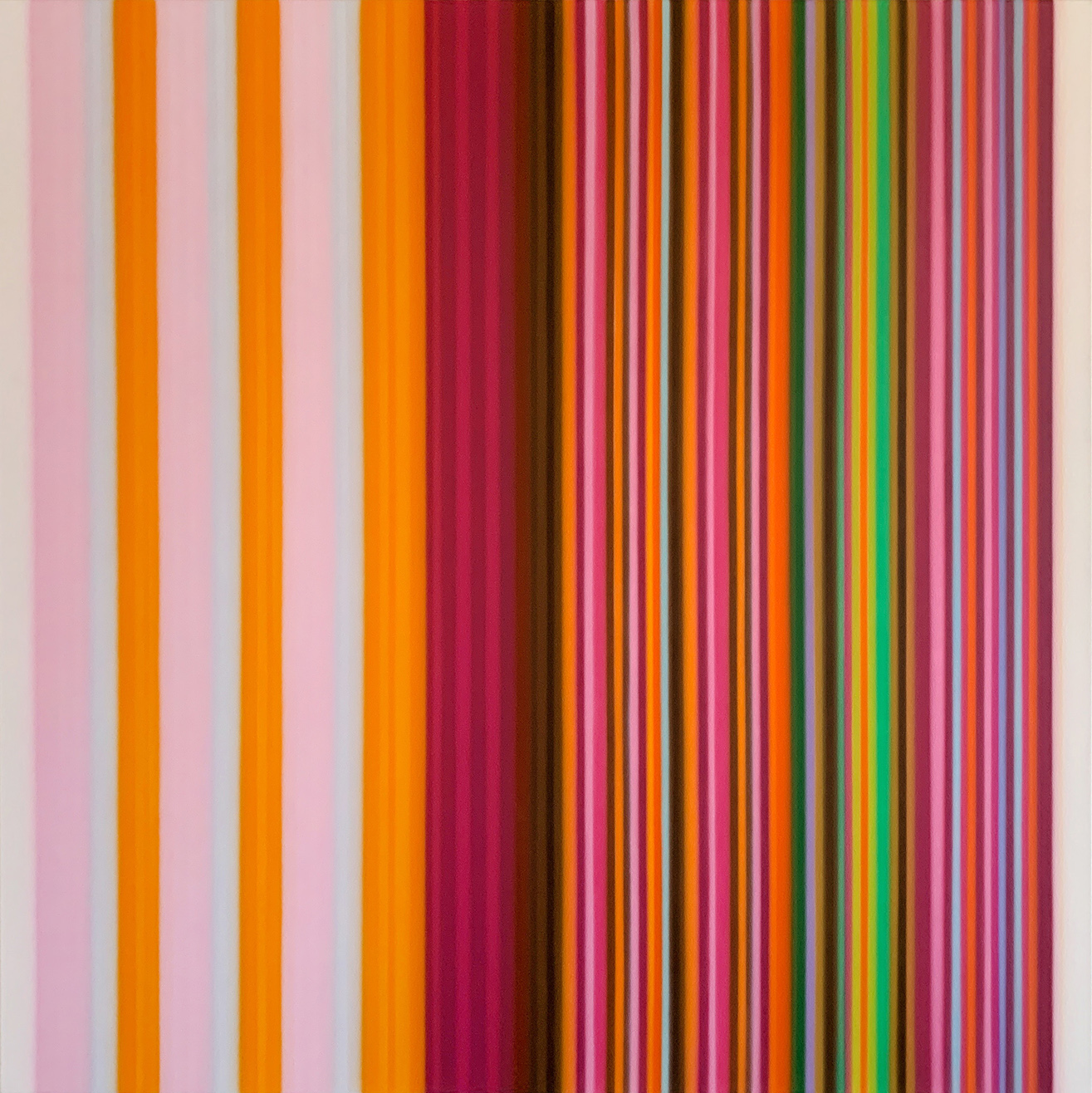 Tim Bavington painting of colorful stripes with pink and orange