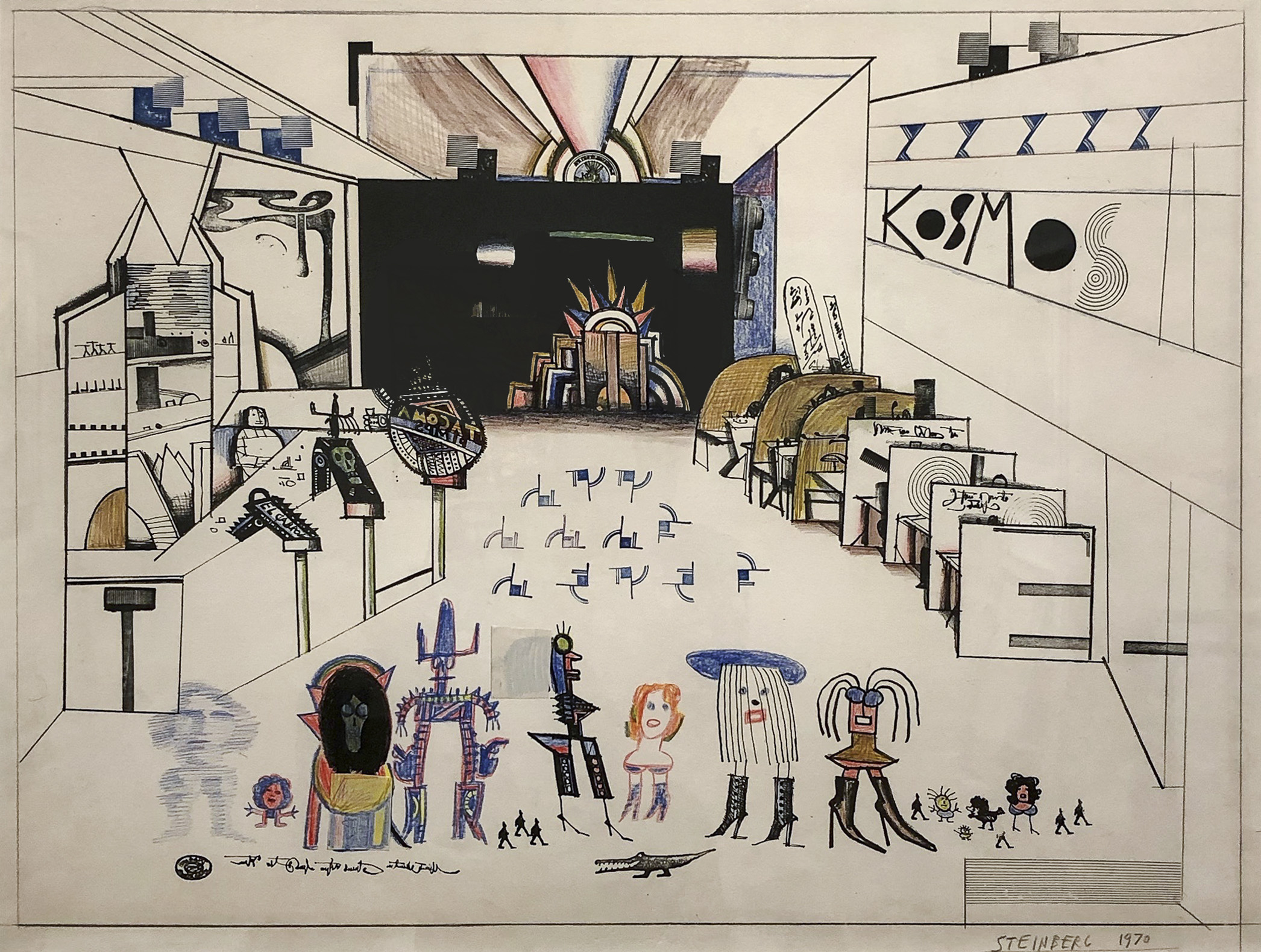 Drawing by Saul Steinberg depicting characters at Cafe with fun elements