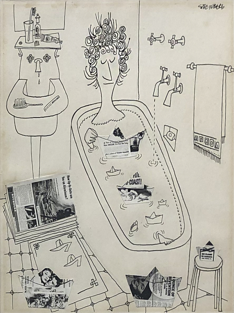 Saul Steinberg Drawing of Woman Bathing with Collaged Elements