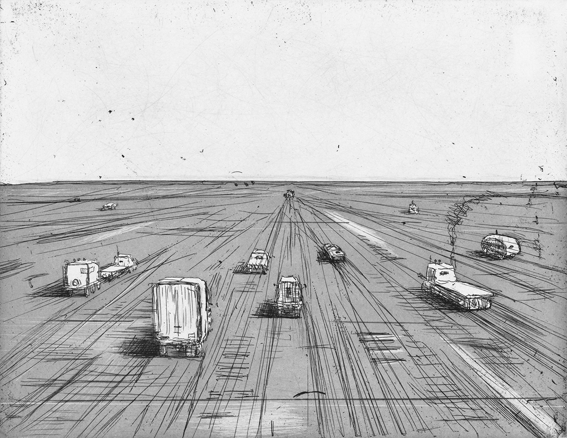 closeup image of Wayne Thiebaud etching depicting cars traveling on road