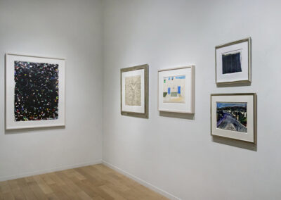 Installation Photo of works from "On Paper" Exhibition by Sam Francis, Jean Dubuffet, David Hockney, Wayne Thiebaud, and Richard Diebenkorn