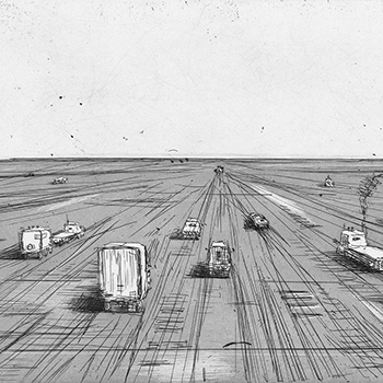 thumbnail image of Wayne Thiebaud etching depicting cars traveling on road