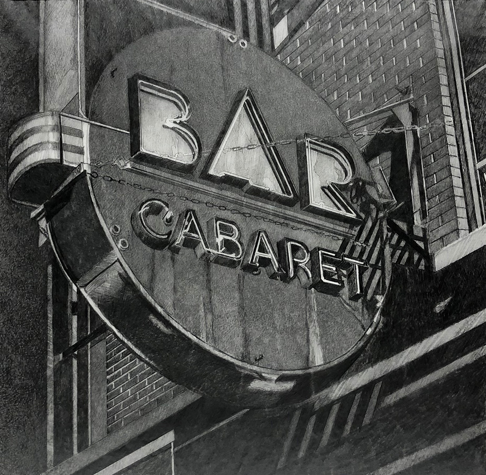 closeup photo of Bar Cabaret charcoal drawing by Robert Cottingham