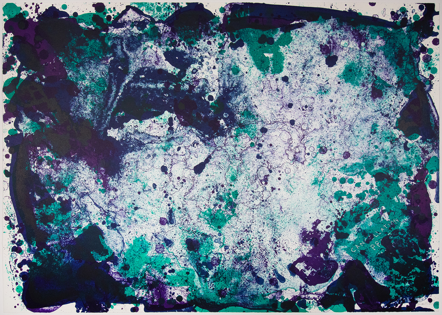 Sam Francis special proof of heavily covered abstraction in colorful green and purple ink