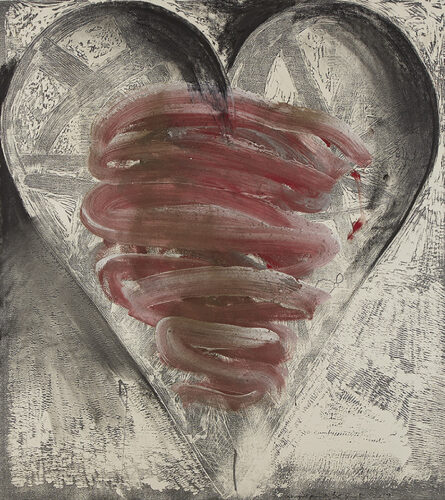 A Jim Dine woodcut of a heart with red, pink and grey brushstrokes in the center