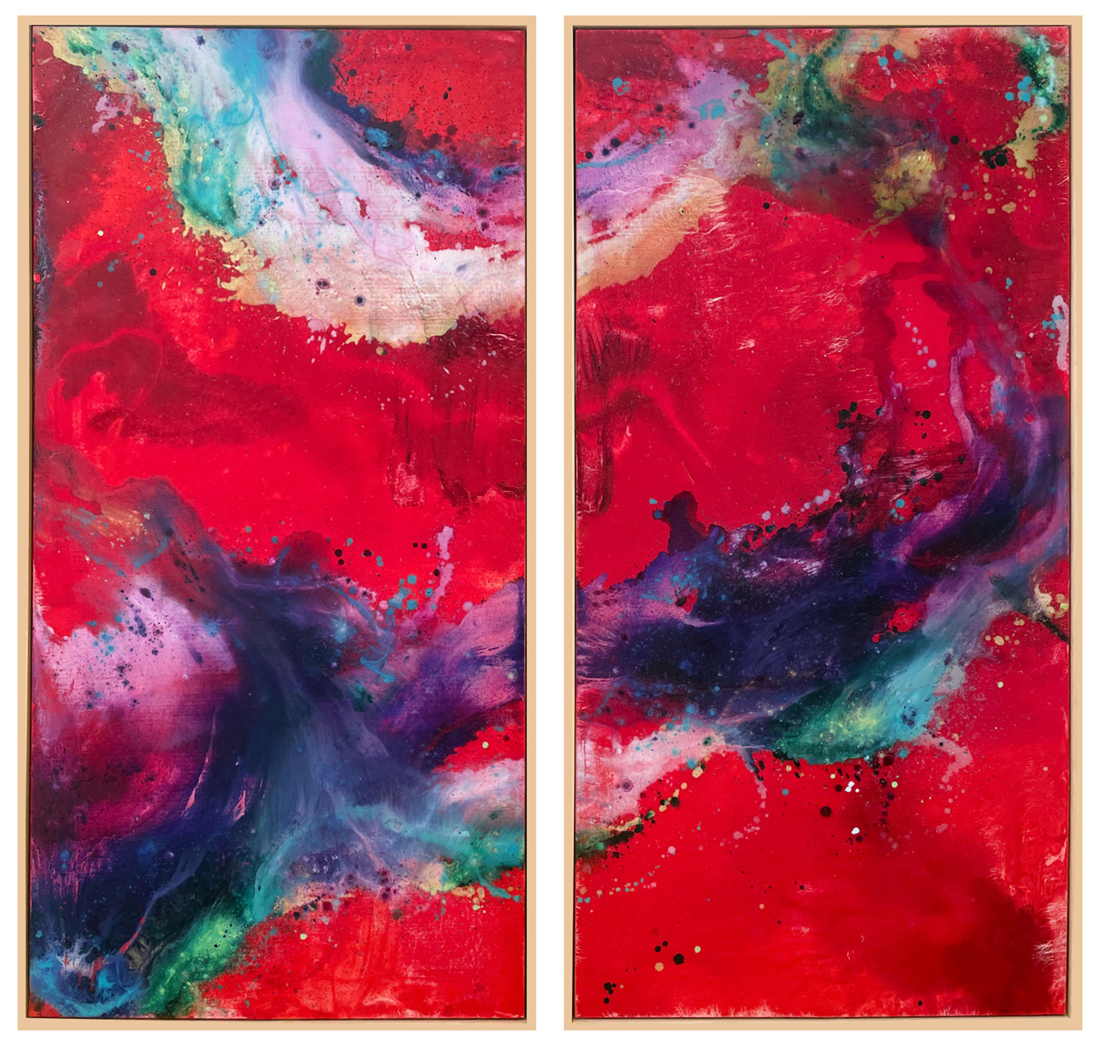large, red, abstract diptych painting by augustus francis