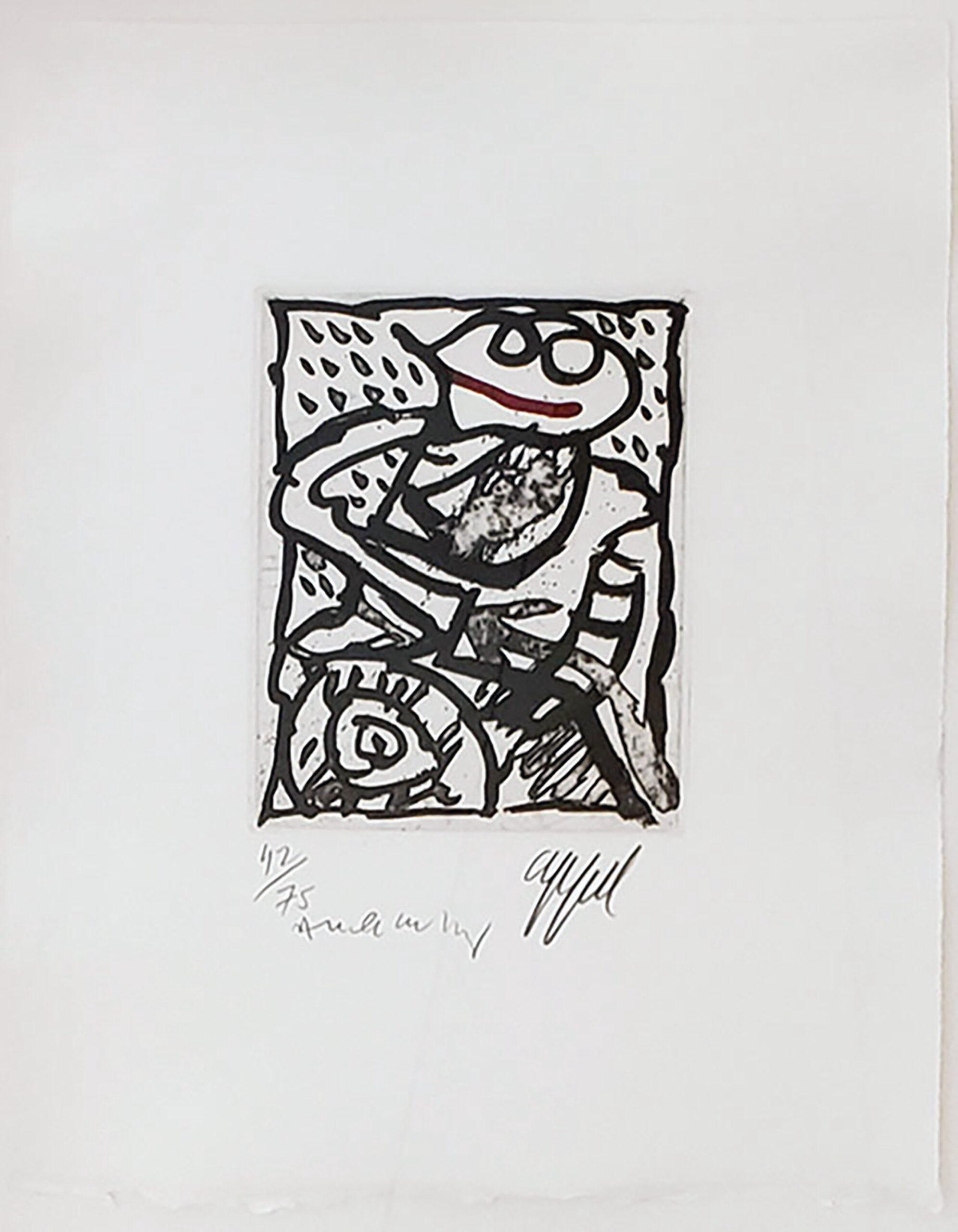 Karel Appel black and white print depicted abstracted figure cropped