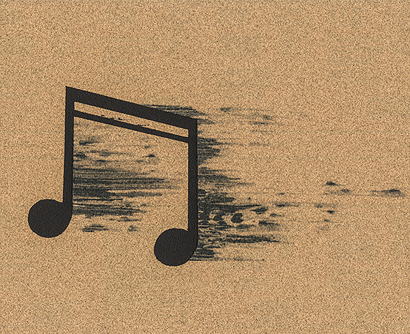 Ed Ruscha print of black music note on tan colored background