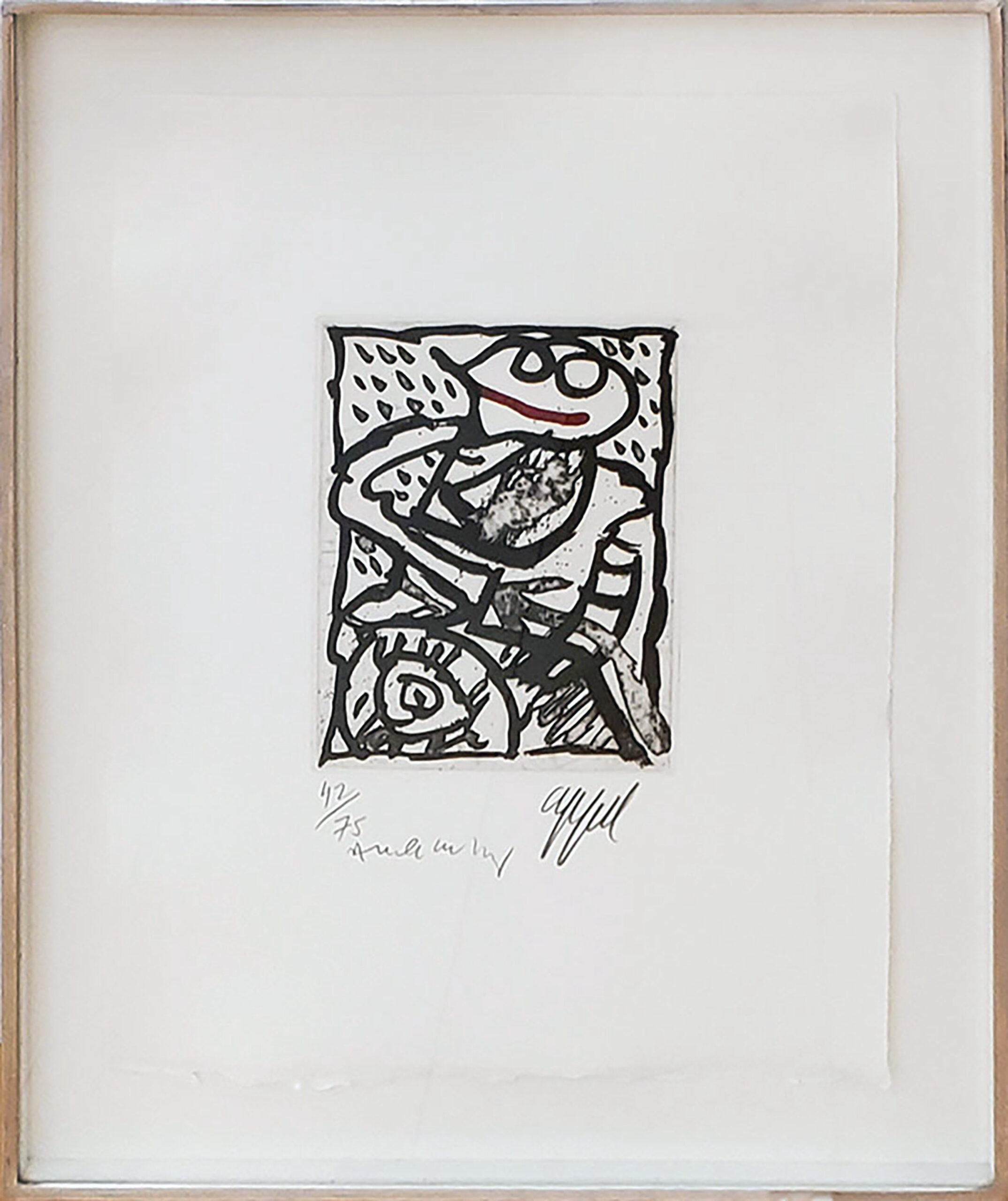 Karel Appel black and white print depicted abstracted figure framed