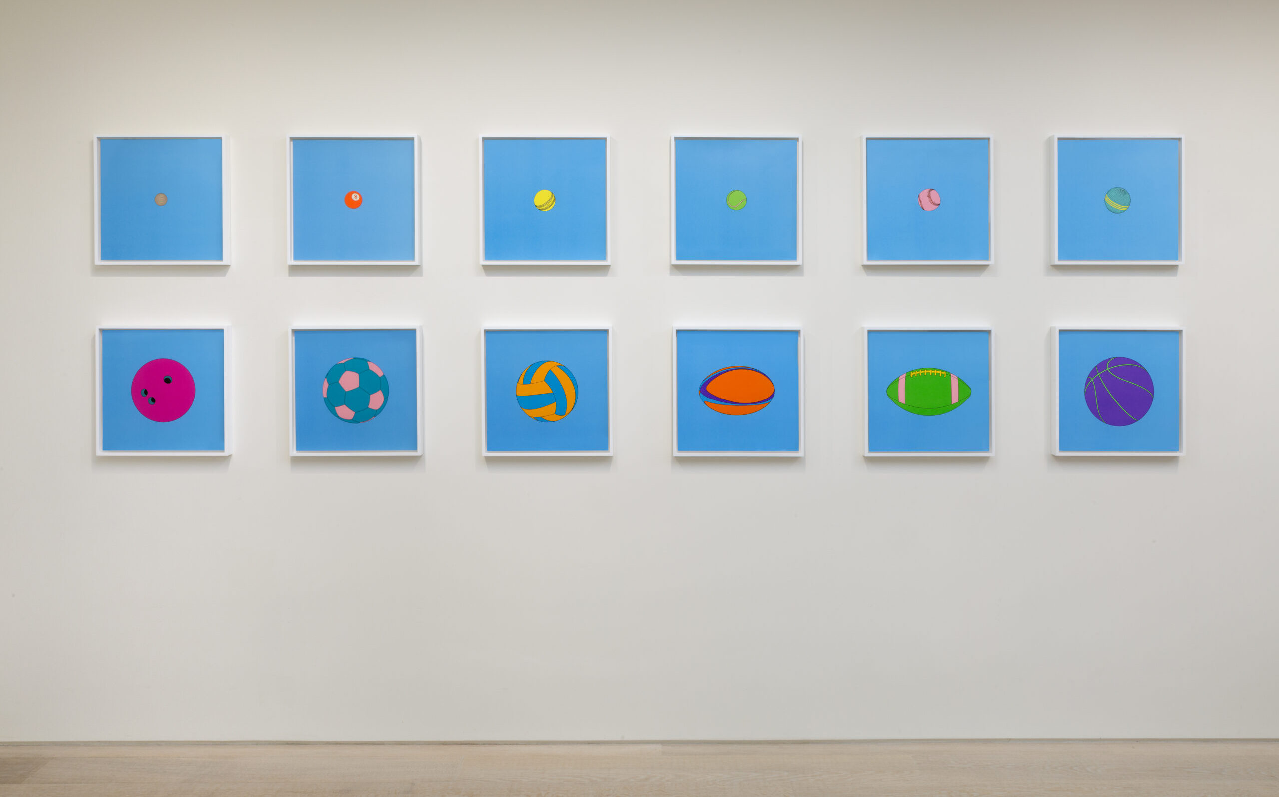 Installation photo of Michael Craig-Martin grouping depicted different sports balls