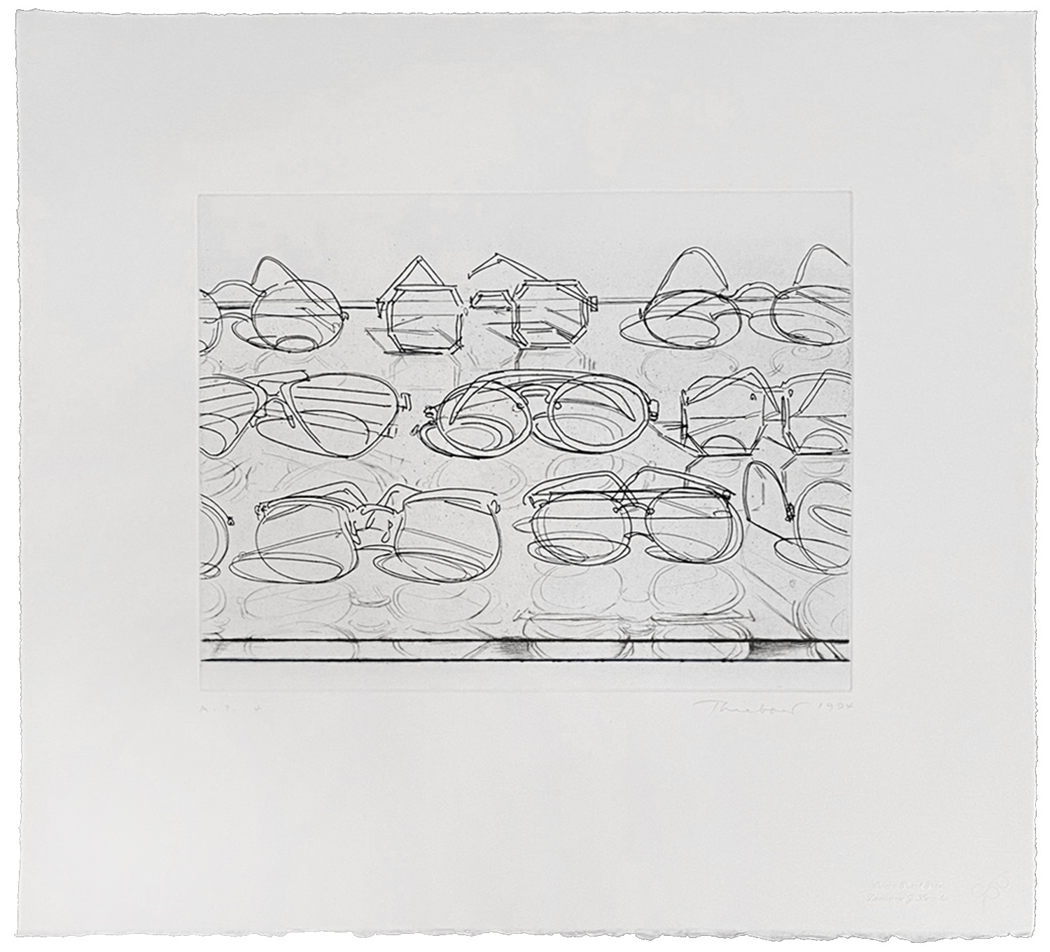 Black and white print by Wayne Thiebaud depicting multiple eyeglasses