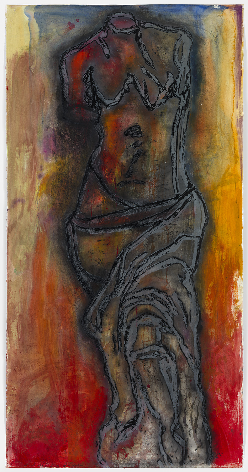 Jim Dine venus figure on red background with charcoal drawing