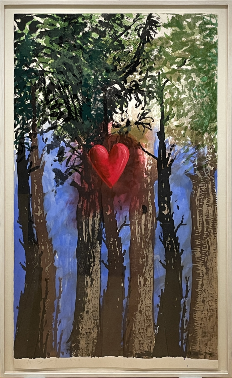 Jim Dine print of black woodblock leaves on colorful abstract background