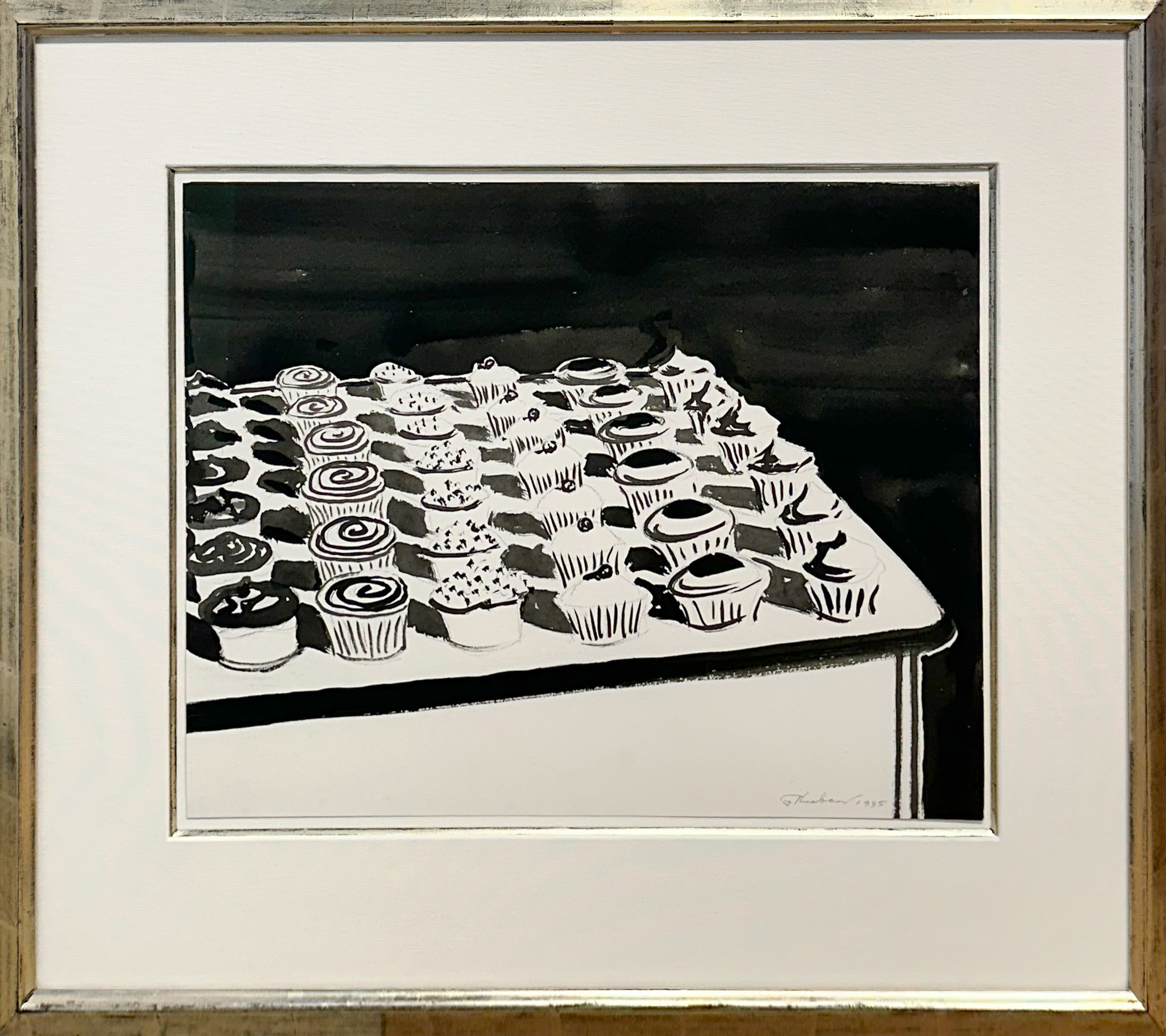 Wayne Thiebaud painting on paper of cupcakes in black and white