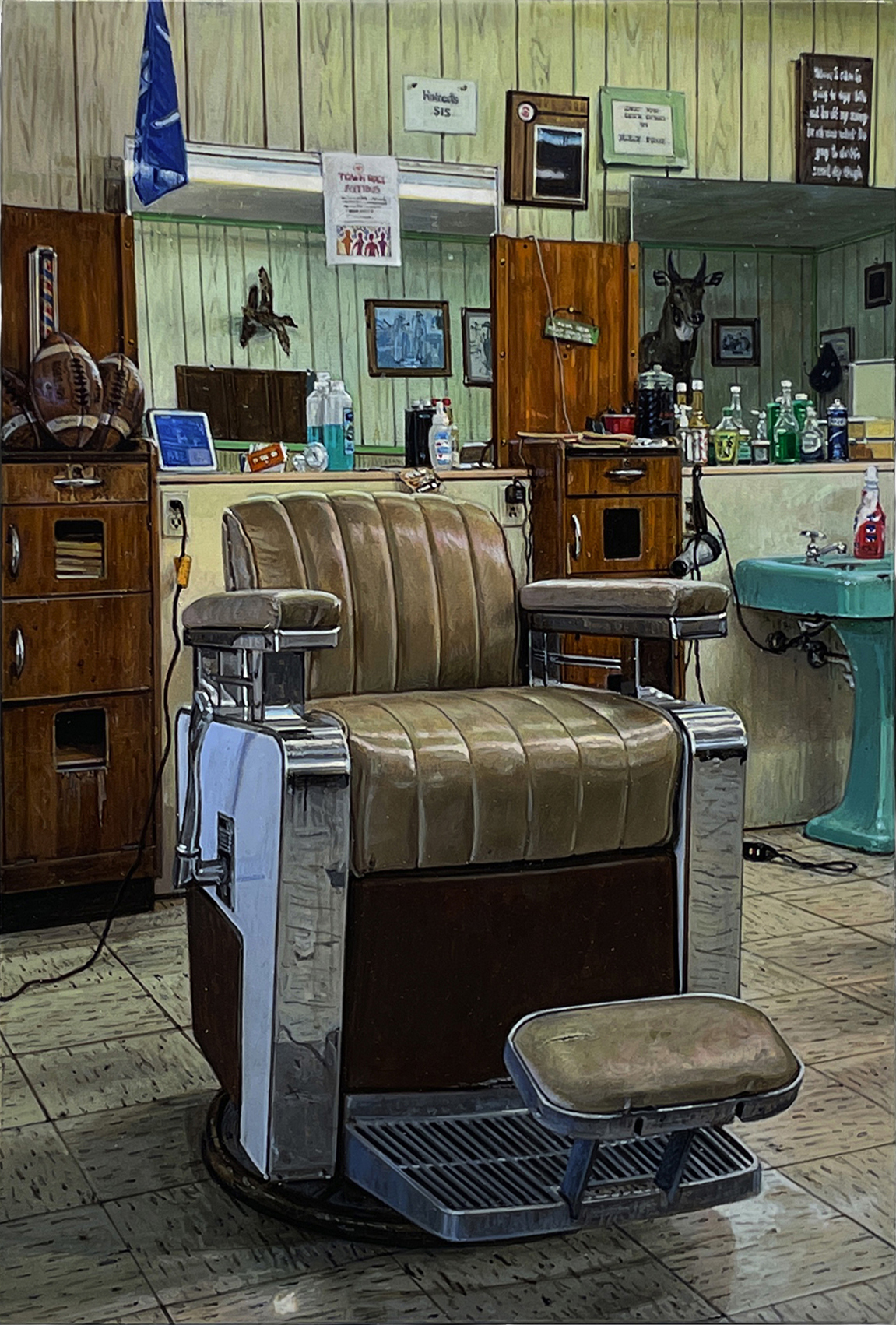 Rod Penner Barbershop HiResCrop Rod Penner photorealistic painting of diner at Christmas time