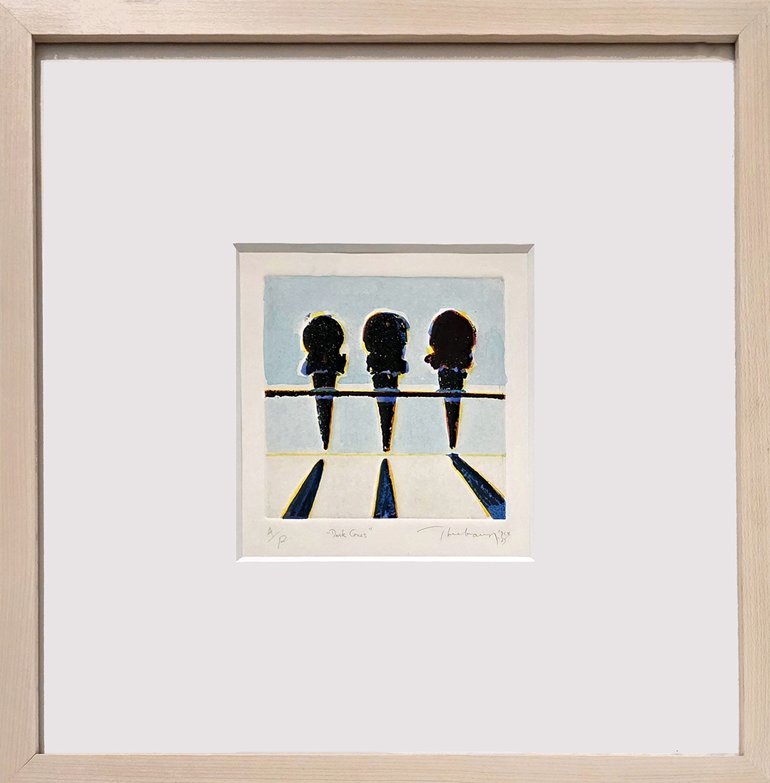 Framed image of Wayne Thiebaud painting depicting eyeglasses in pale colors