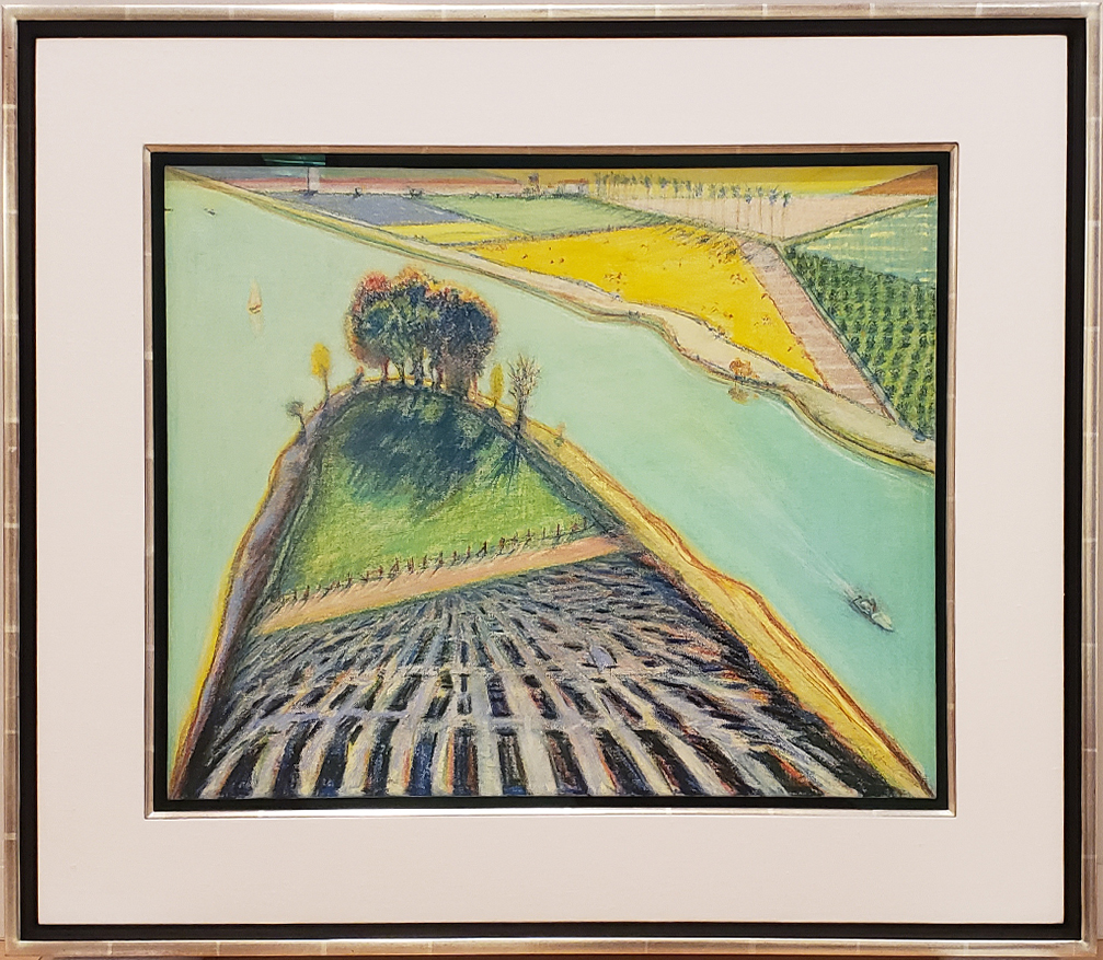 Colorful and textured Wayne Thiebaud landscape painting depicting luminous irrigation pond, with frame