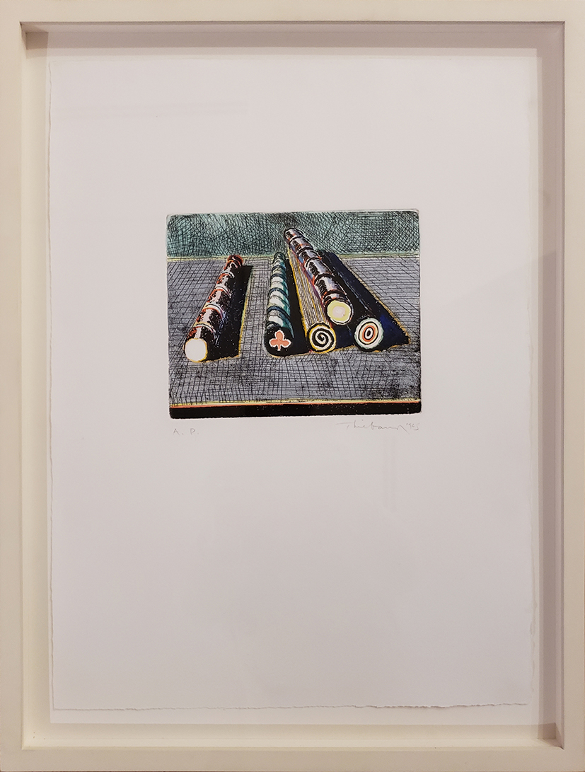 Framed image of Wayne Thiebaud painting depicting eyeglasses in pale colors